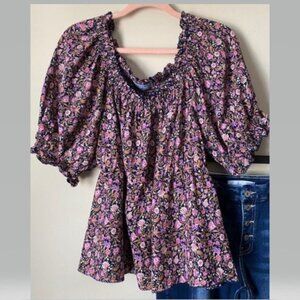 Floral Smocked Neck Balloon Sleeve Blouse